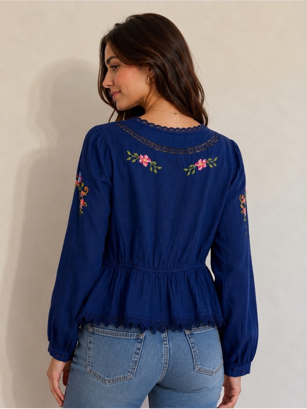 JENNIFER & GRACE Edwina Navy Blue Embroidery Blouse Long Sleeves (Sezane Sea NY - Picture 3 of 4